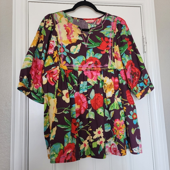 Boutique Purple Floral Embroidered Multicolor Women's Puff Sleeve Top XL - Picture 2 of 13